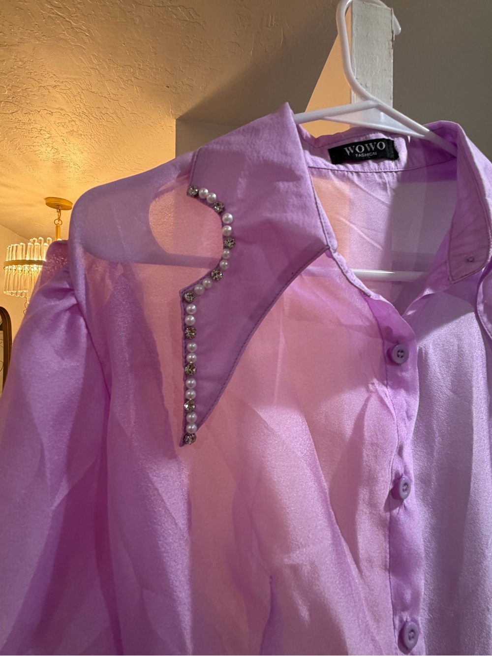 Wowo Lavender Sheer Prairie Blouse with Pearl Accent